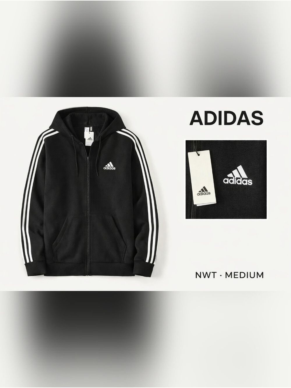 NWT Adidas 3-Stripes Full Zip Hoodie Black White Logo Athletic Jacket Medium